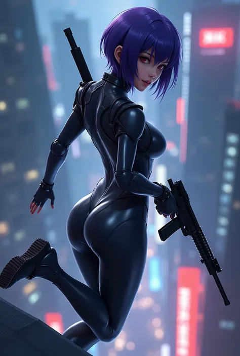 (((ghost in the Shell SAC_Motoko Kusanagi from 2045,Ultra-high-definition Real 3D CG graphics of Kusanagi Motoko from the anime ghost in the Shell、Motoko Kusanagi)))Purple Hair, Purple Eyes,Beautifully detailed eyes and mouth, Breathtakingly detailed and r...