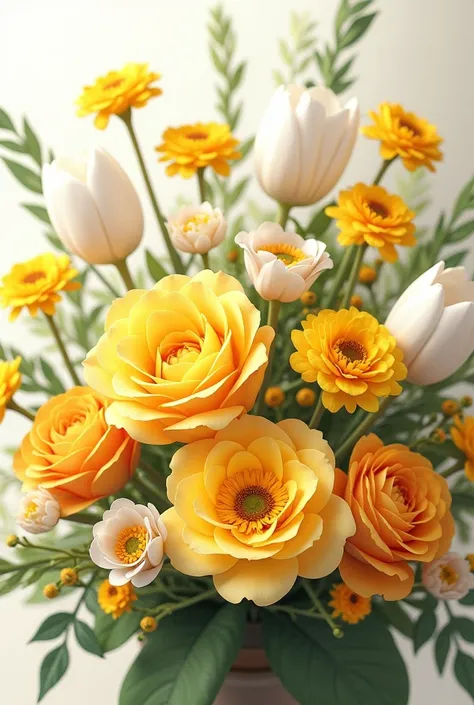 A bouquet with these bellows Yellow roses White tulips Buttercup