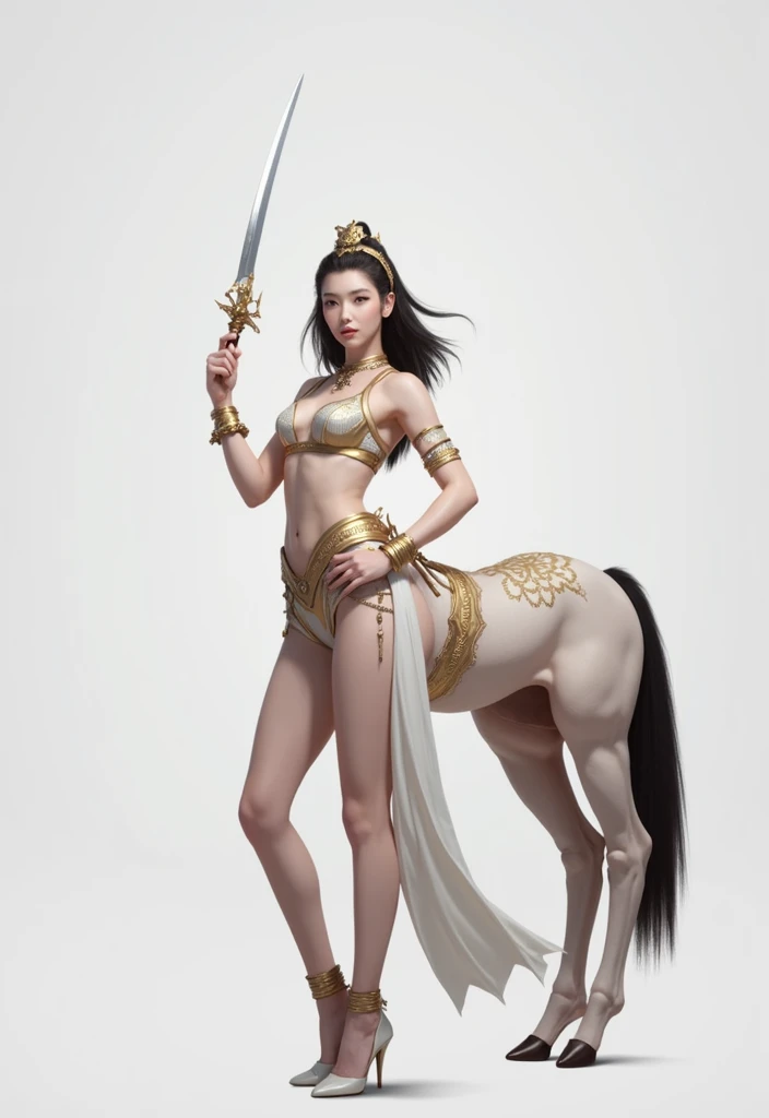 masterpiece,(Best quality:1.3),Centaur girl,lora:Centaur girlV1.0:0.6,(Icefield:1.3),(Head and body 1：9：1.3)Nine-head body，Holding a three-pointed two-edged knife，Ancient mythology character Erlang Shen costume，（cos Jiro God）（Refer to Jiao Enjun&#39;s Erla...