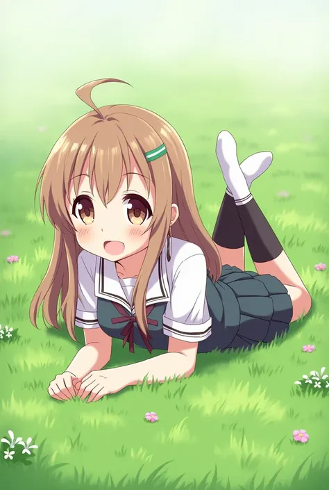 Anime girl in school uniform lying on her stomach on grass