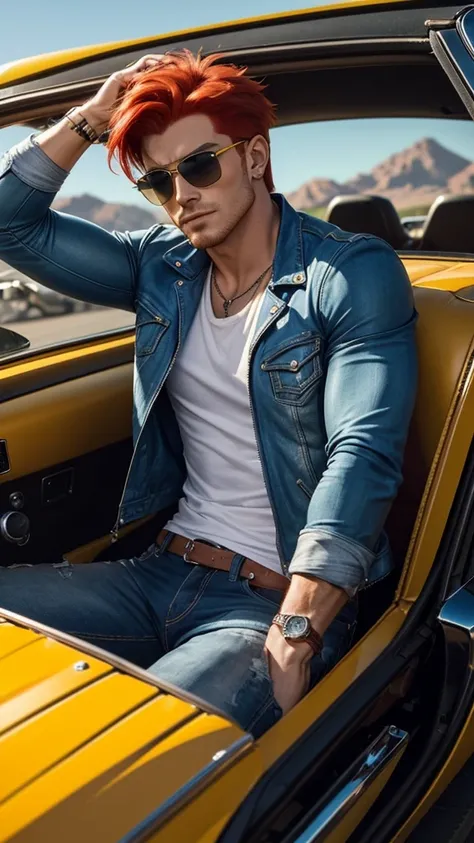 A muscular man with red hair and sunglasses sits in a yellow convertible car with a firebird flying in the background.. He is wearing a blue leather jacket and ripped jeans...  The man looks confident and relaxed, enjoying the sunny weather. The firebird a...