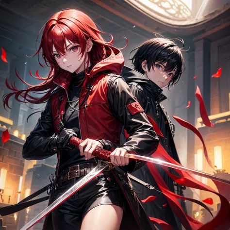 cool、Cool vibe、Red hair、Black coat、Legendary Sword、1 male、肩にcoolカラス、High resolution