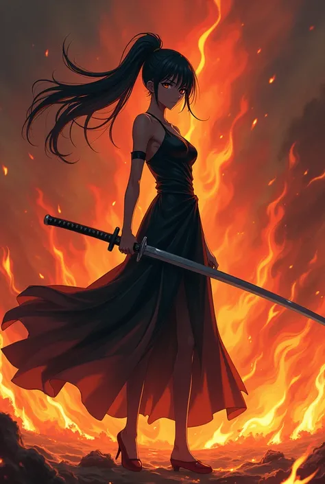 Samurai anime girl with sord with black dress fire in background