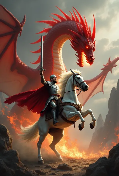 Image of Saint George the warrior mounted on his horse, fighting a fire breathing red dragon