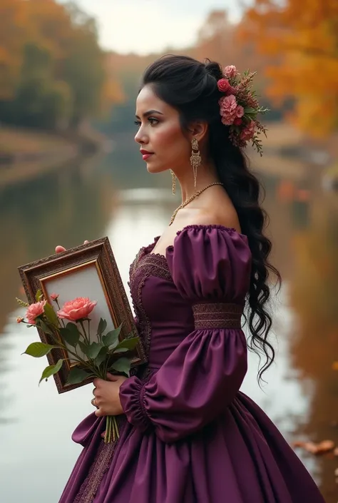 a woman in a purple dress holding a bouquet of flowers, a picture, inspired by Anka Zhuravleva, tumblr, romanticism, river, beautiful costume, thoughtful ), autumn season, 15081959 21121991 01012000 4k, victorian style costume, beautiful mexican woman, wai...