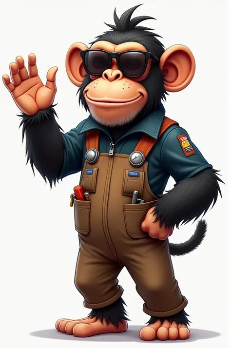 Chimpanzee wearing mechanic suit, may be a boiler suit, sunglass in eyes one hand waving at us, 
the other hand is holding a tool. 
Some tools are peeking out of his pockets. 
His name is Gribo the Chimp. 
A cartoon image
An adult chimp
No visible tail