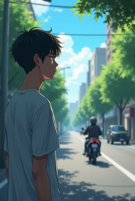 Man in white t-shirt watching a motorcycle parked on the other side of the street from afar anime hd
