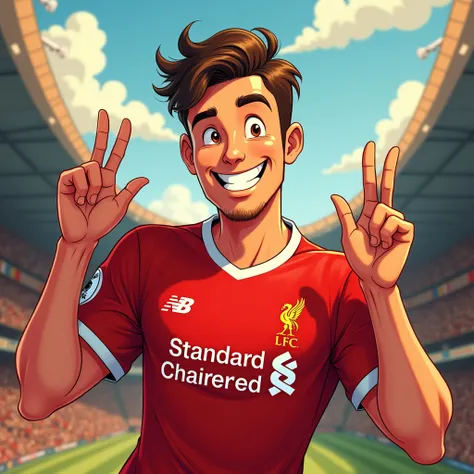 A handsome man smiles in a Disney style and holds up two fingers while wearing a Liverpool football shirt. standing in cartoon style illustration Detailed and colorful High quality, realistic photography dynamic poses color