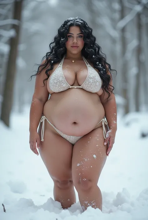 a woman in a nude colored bikini posing in the snow, thicc, thick body, powerful and huge, wide torso, covered in snow, snow on the body, giant stunning goddess shot, busty, beautiful thick female, she has a jiggly fat round belly, thicc build, thick, only...