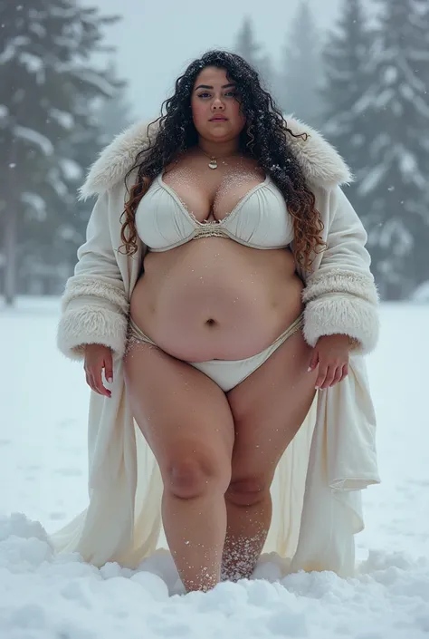 a woman in a nude colored bikini posing in the snow, thicc, thick body, powerful and huge, wide torso, covered in snow, snow on the body, giant stunning goddess shot, busty, beautiful thick female, she has a jiggly fat round belly, thicc build, thick, only...