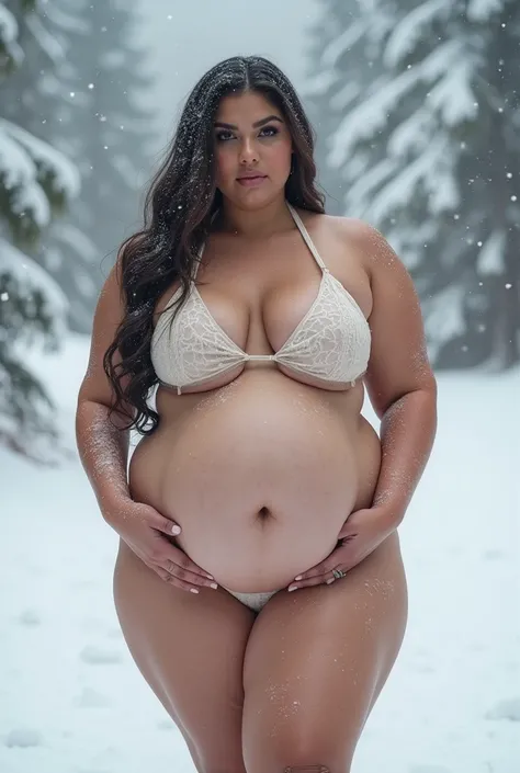 a woman in a nude colored bikini posing in the snow, thicc, thick body, powerful and huge, wide torso, covered in snow, snow on the body, giant stunning goddess shot, busty, beautiful thick female, she has a jiggly fat round belly, thicc build, thick, only...