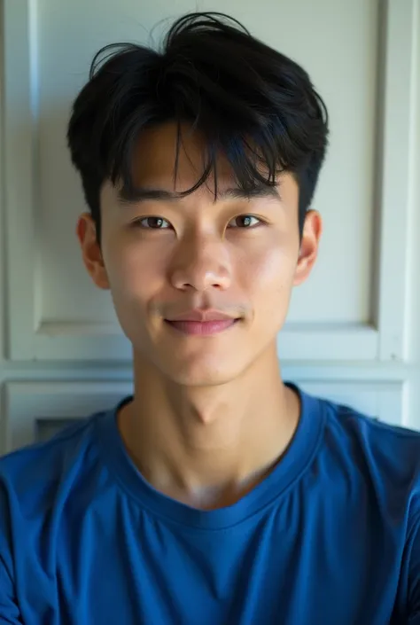 Niran is a young Asian man in his early 20s, wearing blue shirt with an athletic build that reflects his active involvement in campus activities. He has short black hair and a warm, determined expression. His eyes are sharp and convey a sense of urgency an...