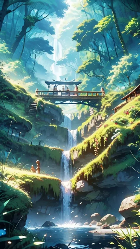 Enchanted Waterfall Village: A hidden village nestled within a lush forest, with houses built into the trees and connected by rope bridges. A massive, glowing waterfall cascades down a cliff nearby, its waters sparkling with magical energy.