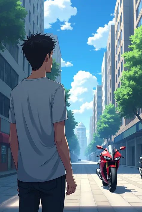 Man in white t-shirt watching from afar only the motorcycle on the other side of the street parked anime hd
