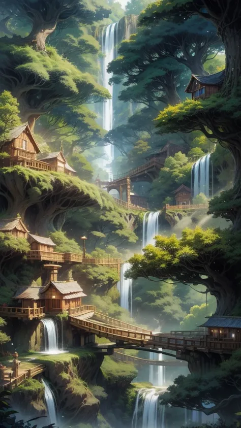 Enchanted Waterfall Village: A hidden village nestled within a lush forest, with houses built into the trees and connected by rope bridges. A massive, glowing waterfall cascades down a cliff nearby, its waters sparkling with magical energy.