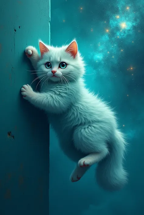 create a turquoise cat, fluffly, realisitic, he is climbing a wall, climbing a wall, com as patas para cima, the background is turquoise galaxy