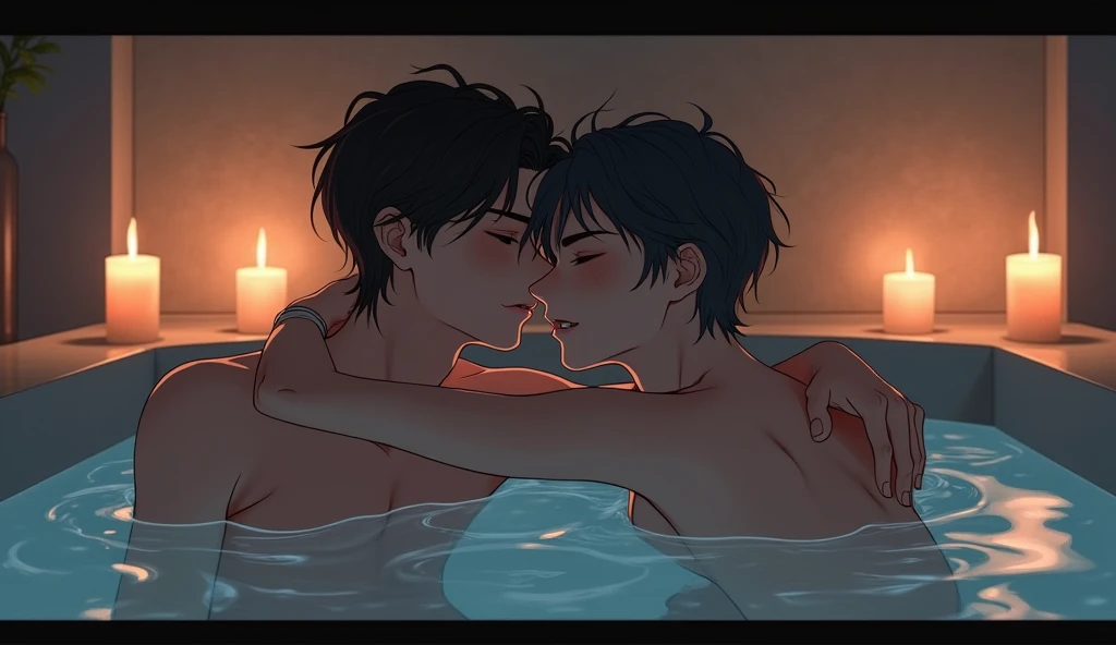 "In a softly lit bathroom, two anime-style male characters are sitting together in a large, comfortable bathtub. The water is gently rippling around them, with a few candles placed on the edges of the tub casting a warm, flickering light. One man is leanin...