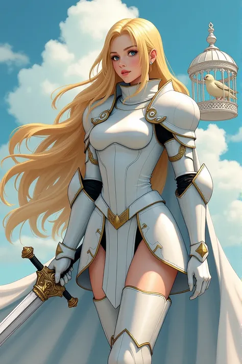 Anime A female character in knight armor, with a white birdcage on her back, holding a sword, long golden hair, and a medium-sized chest.