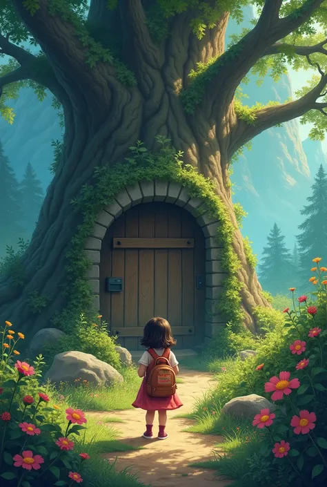 A  in a village with Lila mountains always dreamed of adventures, and one day he decided to explore the nearby forest. With his backpack full of snacks, He entered the green world While walking, Lila found a giant tree with a secret door. 
Without thinking...