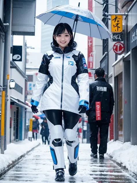 Japanese female android,Black Hair,White and blue robot suit,Plump,Walking through the city under a heavy snowfall with an umbrella,smile,