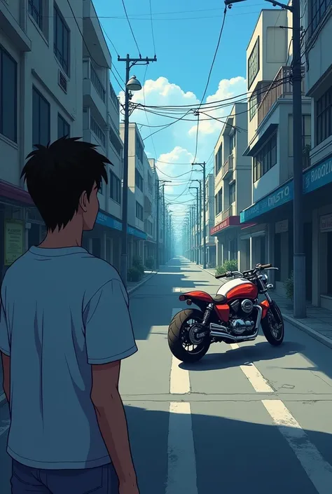 Man in white t-shirt seeing from afar only the motorcycle on the other side of the deserted street parked anime hd
