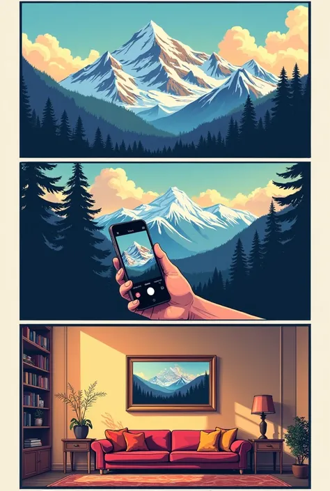 Make a comic strip:

Show a beautiful mountain landscape.
Then show the landscape on a phone camera.
Then show the picture taken framed inside a house