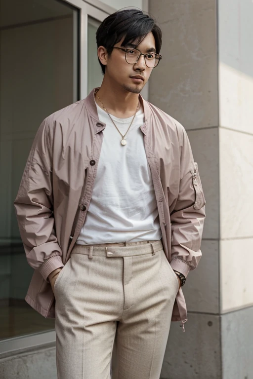 Asian man, 3, Good shape, Wear eyeglasses,Korean style hairstyle ,short hair, black hair, Has a small beard, Masterpiece, Pink long sleeve shirt, Brown jacket, Cream-white long pants,Grey sneakers,best quality, 