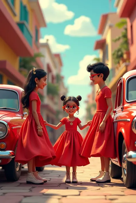 Two cars named Arjun and Pooja and a boy and a girl both wearing a red dress and that dress named Arjun and Pooja on a dress and white boots and glasses red on their feet. 