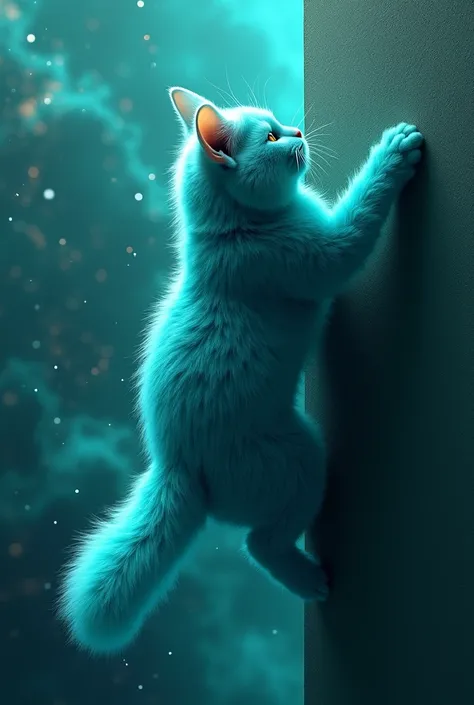 create a turquoise cat, fluffly, realisitic, he is climbing a wall, climbing a wall, He has his back, climbing the wall, com as patas para cima, the background is turquoise galaxy