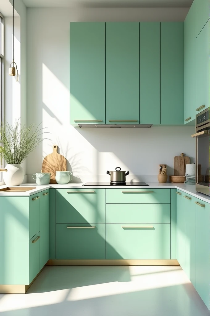 Mint green colour kitchen 
