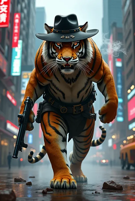 The tiger from the future has a gun, Mafia hat, smoking, While walking in the city, 