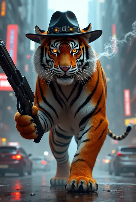 The tiger from the future has a gun, Mafia hat, smoking, While walking in the city, 