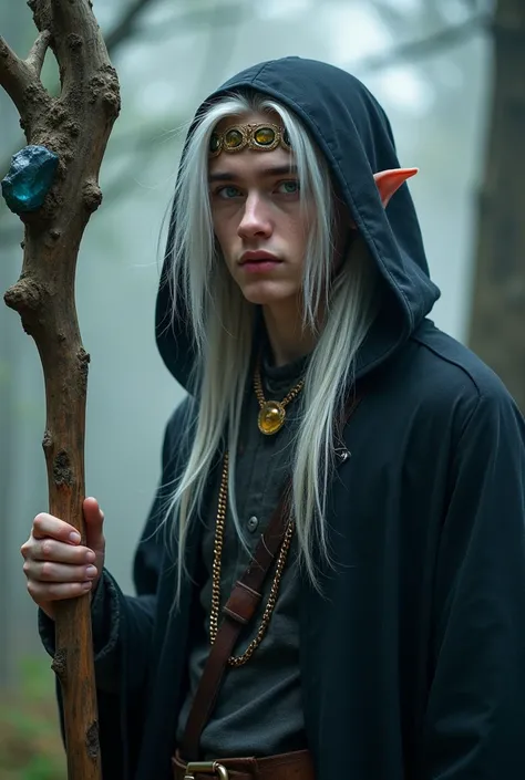 Elf-man 19 years with white long hair. On the front side his hair we see black streak. One of his eye was blue, second was yellow. He wear black coat with hood. He have wooden staff with magic rock.