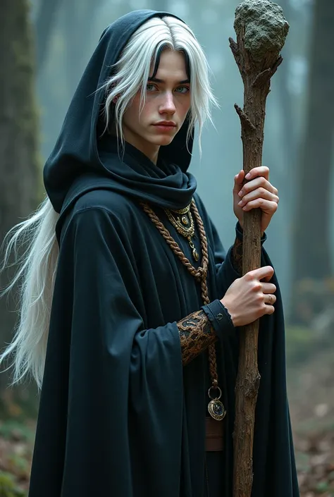 Elf-man 19 years with white long hair. On the front side his hair we see black streak. One of his eye was blue, second was yellow. He wear black coat with hood. He have wooden staff with magic rock.