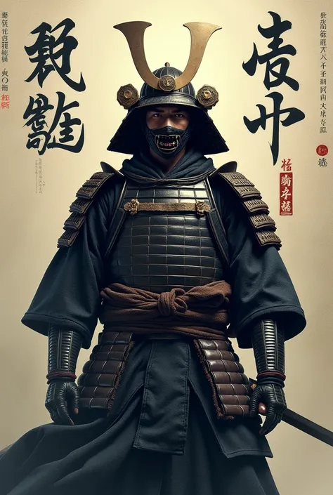 Realistic photo of Japanese samurai and cool text written in background " samurai "