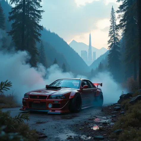 (Intricate details:1.2), (Realistic), (masterpiece), (photograph),
Cinema Lighting，Cyberpunk forest，mountain，
Soft colors，Swirling colored smoke，Legend，Cityscape，space，，car，No humans，scenery，alone, At night, Front Quarter, Liberty Walk Widebody, Widebody I...