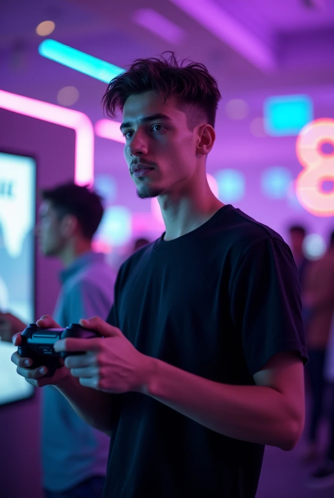 Young man standing in front holding video game controller looking to the side wearing black shirt at a video game fair with purple and blue lights