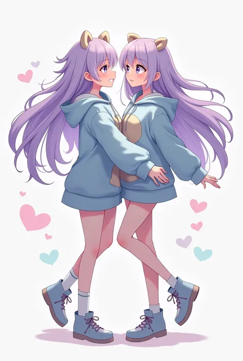 2 anime-style female girls with a teddy bear hoodie in the shade #cdabffff. They both have long hair down to their waist in the shade #cdabffff. Female number one has a dark purple shoulder strap on her right and a shoulder gap on their left with a leg bel...