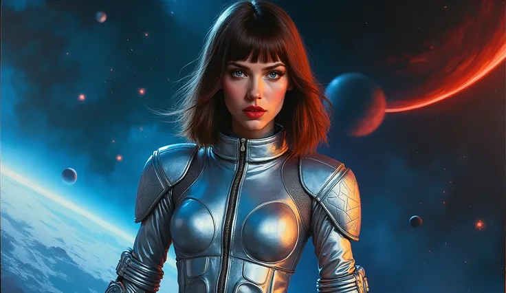 High-quality realistic acrylic art, VIVID COLORS, back point a view, a beautiful vintage european woman with brown straight hair, bangs, looking at the viewer with suspicious face and a shy smile, red lips, she wears sci-fi silver and blue metalic space su...