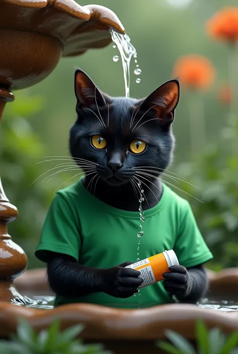 Black cat wearing green t shirt do madication under fountain 