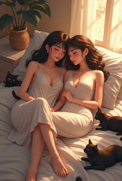 Two women lying in a bed with 5 cats