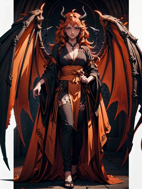 最high quality、Ultra High Definition, Ultra High Quality, Hyper Detailed, Extremely Detailed, Best image quality、masterpiece, 8k, Demon Young Mistress, Scary, Long Orange Curly Hair, ((  Big Angel Dark Wings)), ((White-Orange Horns)), (Solid Orange Demon Ey...