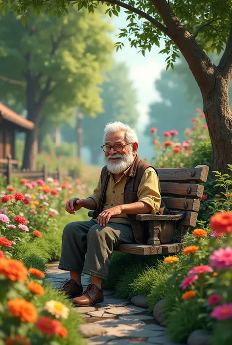 An old man in a colorful garden