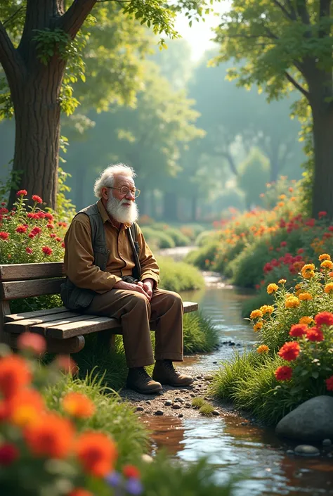 An old man in a colorful garden