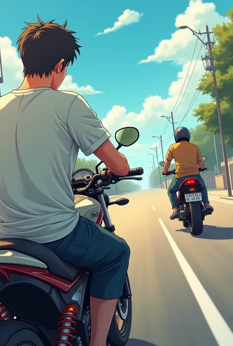 Man in white t-shirt on top of motorcycle seeing another motorcycle from afar, just the motorcycle on the other side of the deserted street looking at parked cell phone, anime hd
