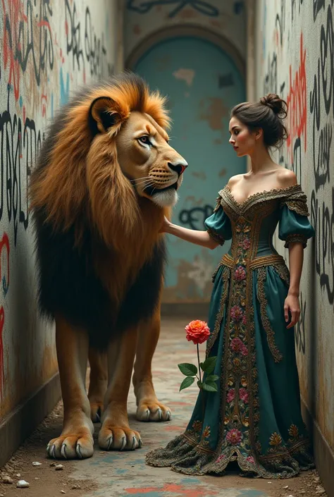 Wall with graffiti, a lion looking back, a girl in baroque clothes and a flower in one hand, passage in the distance 