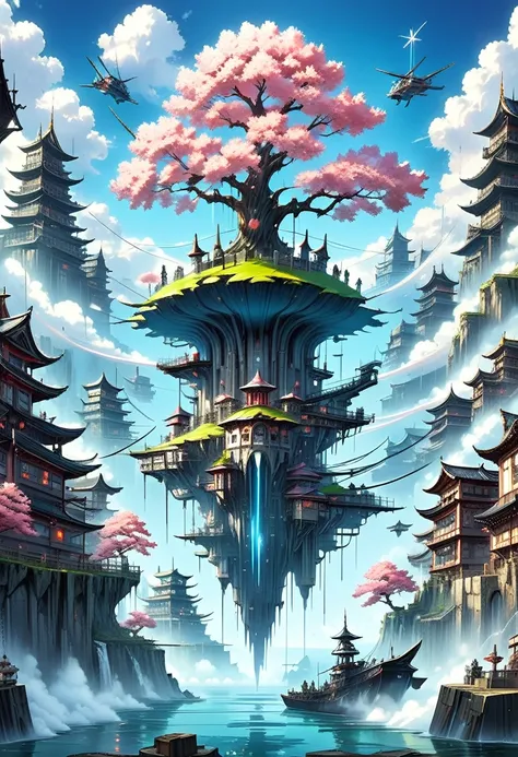 (Aerial city with flying islands),((A giant cherry tree floating in the air)),Remains,sea of clouds,airship,The World of Soratorobo,water is gushing out,Artillery battery,Fusion with fantasy,Castle in the Sky,magic,suspicious,See through,