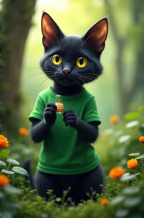 Black cat wearing green t shirt do madication in nature 