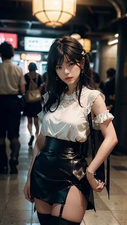 The lower body is very short, Low waist skirt，Attractive woman、The transparent white shirt on the upper body、It elegantly encapsulates her curves..,(Ultra low waist)、She stood、Looking seductively at the subway。、Bathed in the soft moonlight、The scene is、Mys...