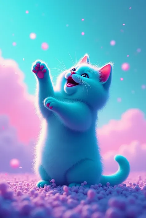 create a turquoise cat, fluffly, realisitic, he is playing with the sky, com as patas para cima, he plays happily, the background is turquoise with light purple, neon